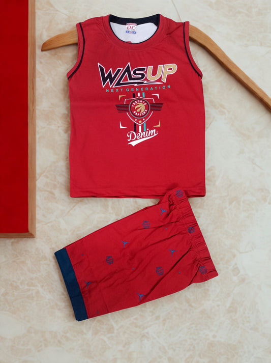 Boys Sleeveless WasUp T-Shirt & Shorts Set – Summer Outfit | Trendy Kidswear Combo