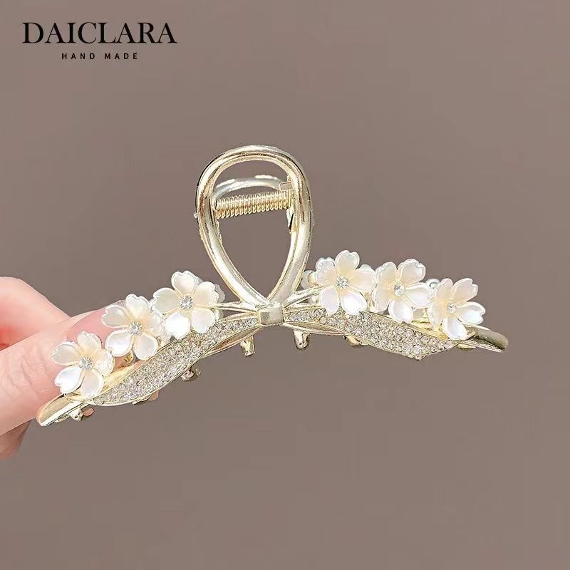 Floral Bow Gold Hair Clip with Rhinestones