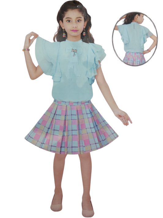 Kids Girls Stylish Frill Top & Check Skirt Set – Party & Casual Wear