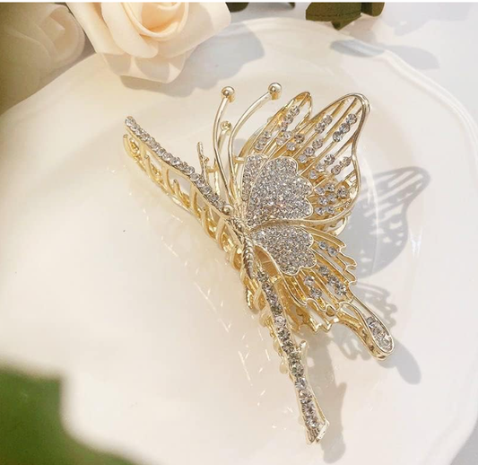 Luxury Crystal Butterfly Hair Claw Clip – Elegant Rhinestone Gold Hair Accessory for Women & Girls | Bridal, Wedding, Party, Vintage Aesthetic Bun Clip