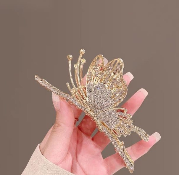Luxury Crystal Butterfly Hair Claw Clip – Elegant Rhinestone Gold Hair Accessory for Women & Girls | Bridal, Wedding, Party, Vintage Aesthetic Bun Clip