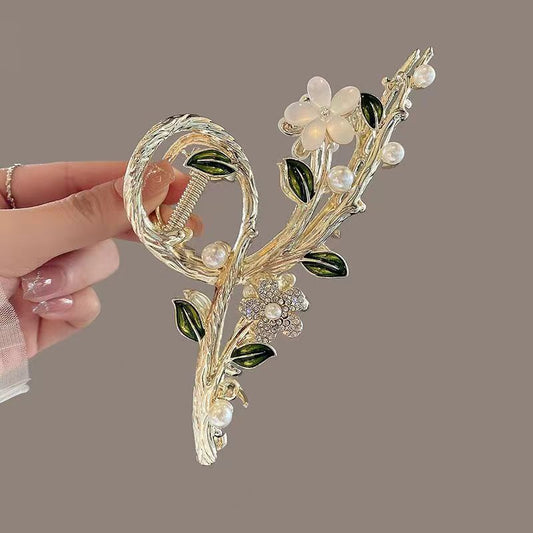 Elegant Floral Pearl & Green Leaf Hair Claw Clip – Gold Tone