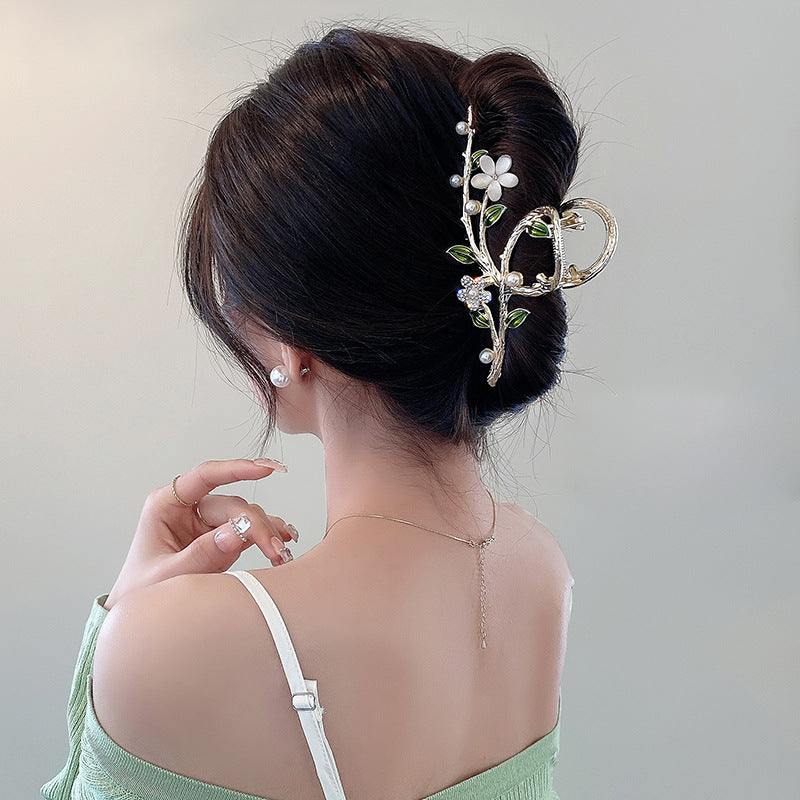 Elegant Floral Pearl & Green Leaf Hair Claw Clip – Gold Tone