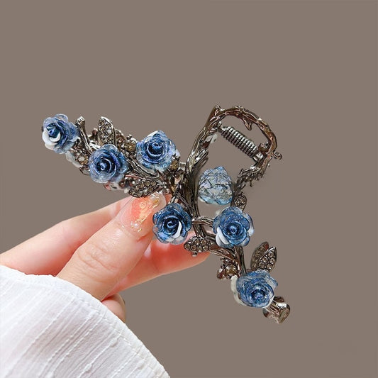 Elegant Floral Vine Hair Accessory with Blue Roses Elegant Blue Rose Hair Clutch Clip for Women & Girls | Floral Design with Crystal Accents | Durable Metal Hair Accessory | Stylish Party & Daily Looks | Trendy