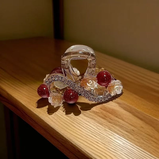 Embellished Pearl and Floral Hair Claw - Red Accents Elegant Pearl and Crystal Hair Claw Glamorous Gold and Pearl Rhinestone Hair Claw