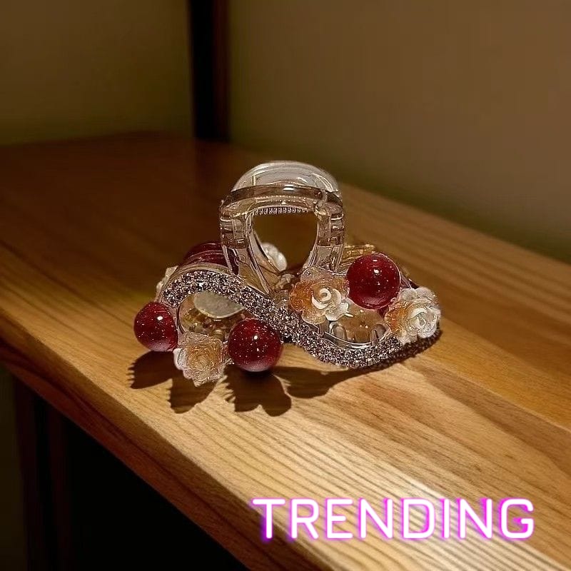 Embellished Pearl and Floral Hair Claw - Red Accents Elegant Pearl and Crystal Hair Claw Glamorous Gold and Pearl Rhinestone Hair Claw