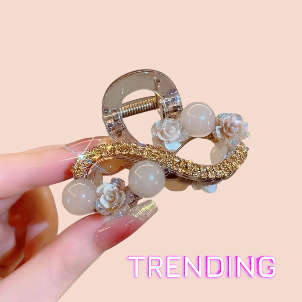 Embellished Pearl and Floral Hair Claw - Red Accents Elegant Pearl and Crystal Hair Claw Glamorous Gold and Pearl Rhinestone Hair Claw