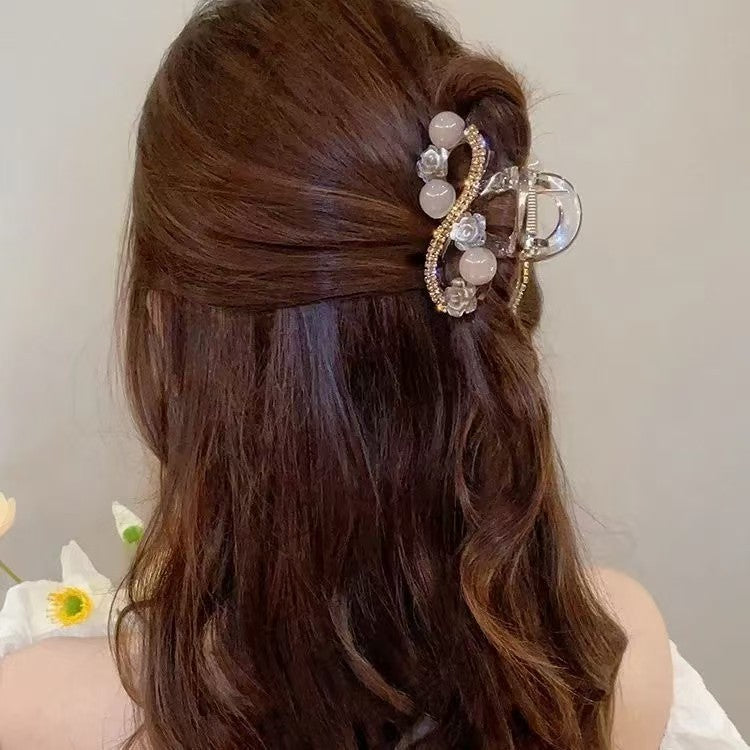Embellished Pearl and Floral Hair Claw - Red Accents Elegant Pearl and Crystal Hair Claw Glamorous Gold and Pearl Rhinestone Hair Claw