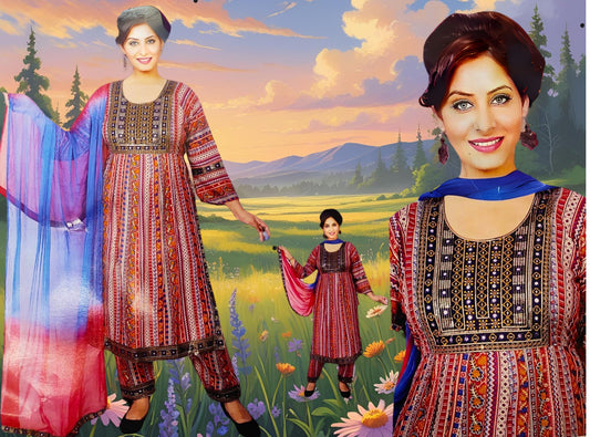 Elegant Multicolor Embroidered Kurti with Matching Pants and Dupatta