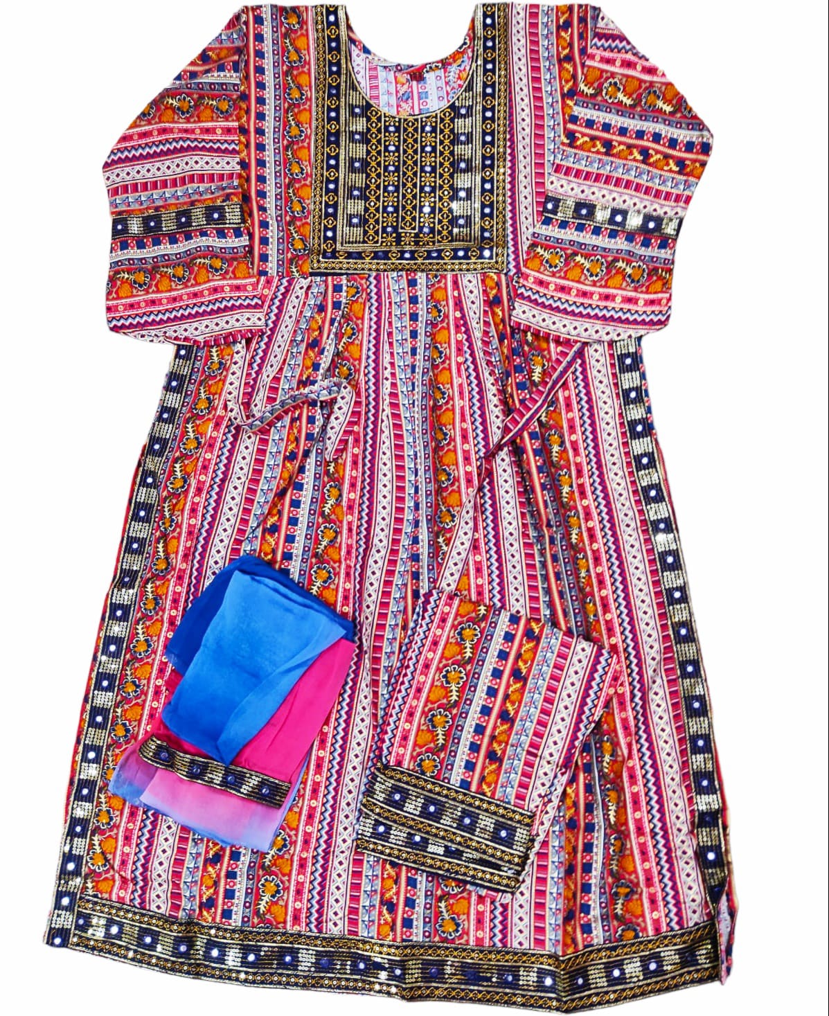 Elegant Multicolor Embroidered Kurti with Matching Pants and Dupatta