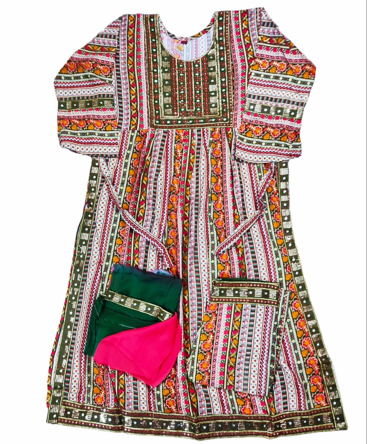 Elegant Multicolor Embroidered Kurti with Matching Pants and Dupatta