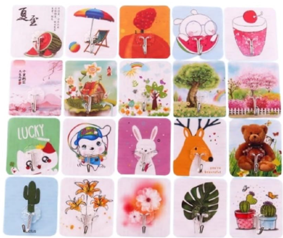 Decorative Waterproof Wall Hooks – Self-Adhesive Square (Pack of 10) (Design and Color As per Stock)