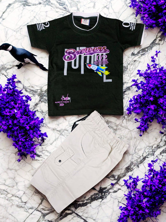 Boys Navy Blue Graphic T-Shirt with Beige Cargo Shorts | Summer Casual Set