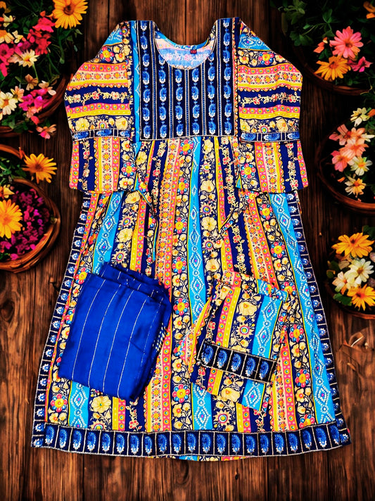 Royal touch Print Flared Kurti Set for Women - Multicolor with Dupatta