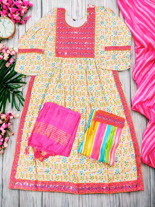 Embroidered Anarkali Dress with Matching Dupatta and Pants