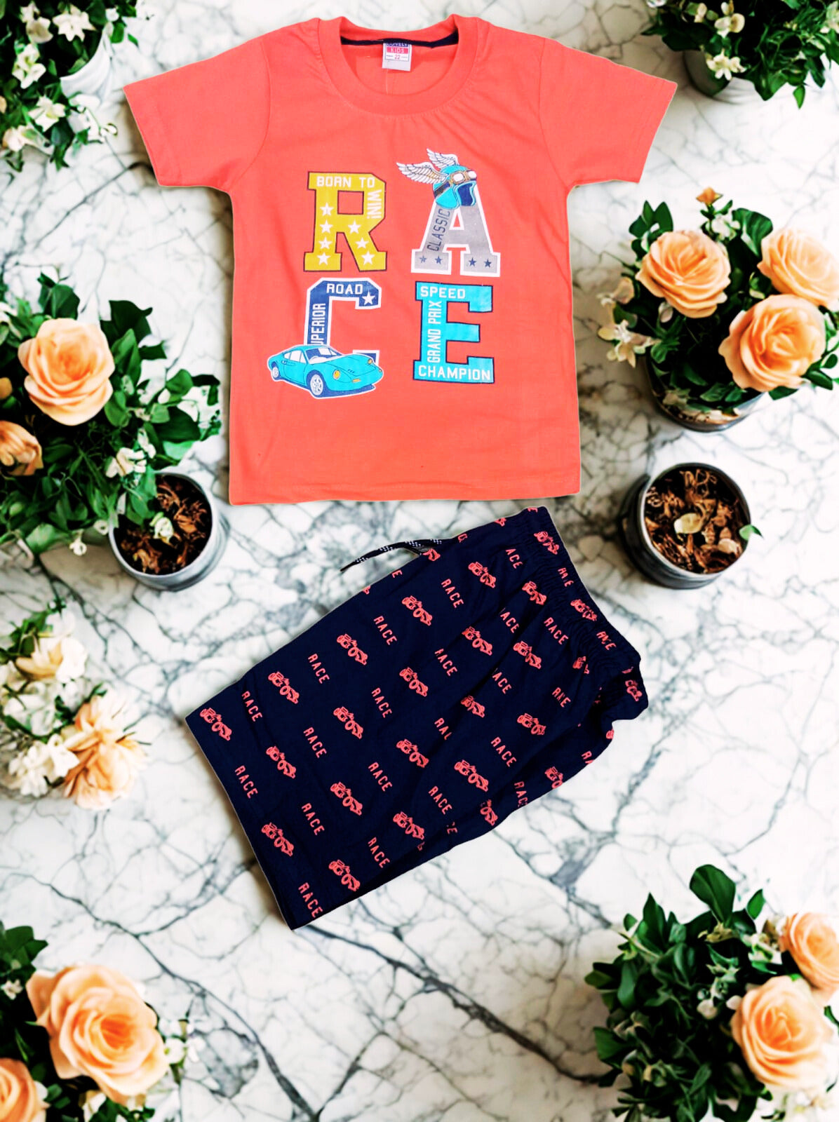 Boys Race Car Print T-Shirt & Shorts Set – Summer Outfit | Kids Sportswear Combo