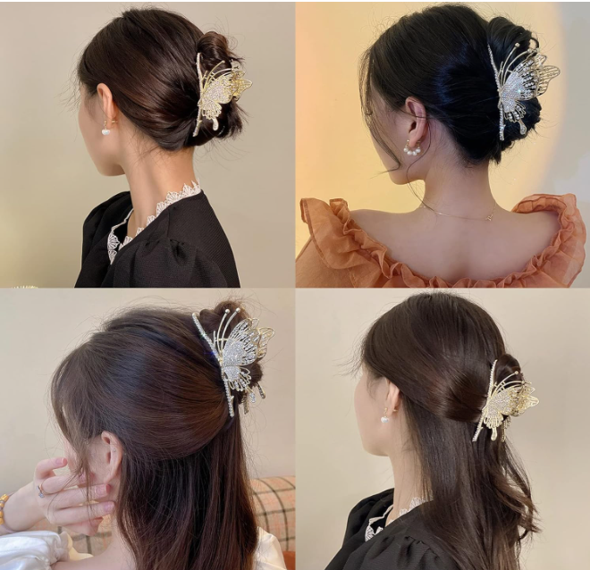 Luxury Crystal Butterfly Hair Claw Clip – Elegant Rhinestone Gold Hair Accessory for Women & Girls | Bridal, Wedding, Party, Vintage Aesthetic Bun Clip