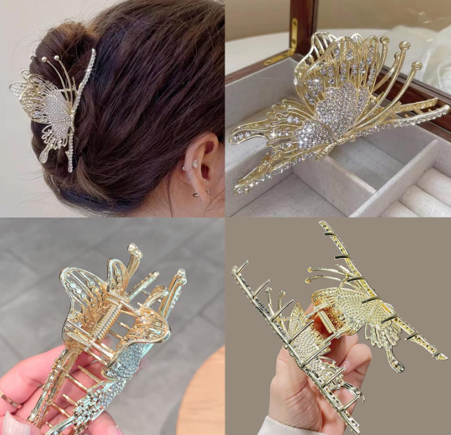 Luxury Crystal Butterfly Hair Claw Clip – Elegant Rhinestone Gold Hair Accessory for Women & Girls | Bridal, Wedding, Party, Vintage Aesthetic Bun Clip