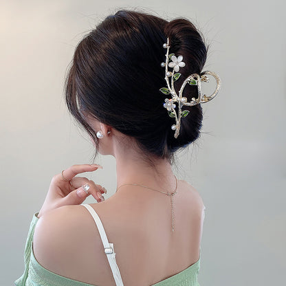 Elegant Floral Pearl & Green Leaf Hair Claw Clip – Gold Tone