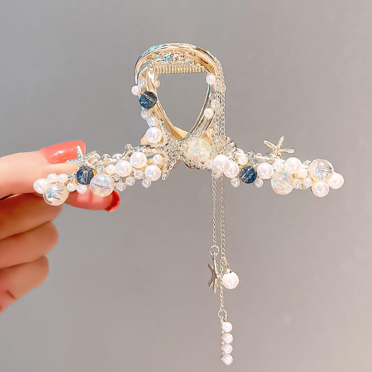 Starvis Exquisite Shiny Crystal Pearl Tassel Sea Hair Clip Claw For Women Bun Clip Ponytail Holder Buckle Hairpin Hair Accessories Women Ponytail Tail Hair Bun Holder Claw Bun holder