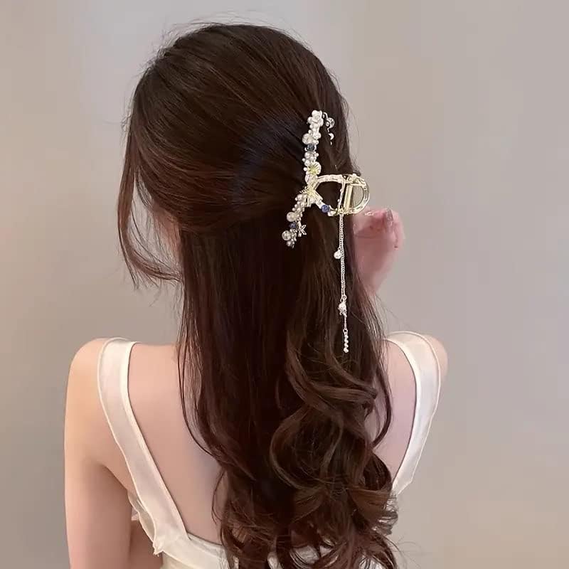 Starvis Exquisite Shiny Crystal Pearl Tassel Sea Hair Clip Claw For Women Bun Clip Ponytail Holder Buckle Hairpin Hair Accessories Women Ponytail Tail Hair Bun Holder Claw Bun holder