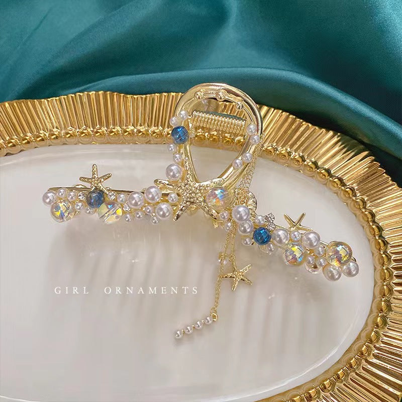 Starvis Exquisite Shiny Crystal Pearl Tassel Sea Hair Clip Claw For Women Bun Clip Ponytail Holder Buckle Hairpin Hair Accessories Women Ponytail Tail Hair Bun Holder Claw Bun holder