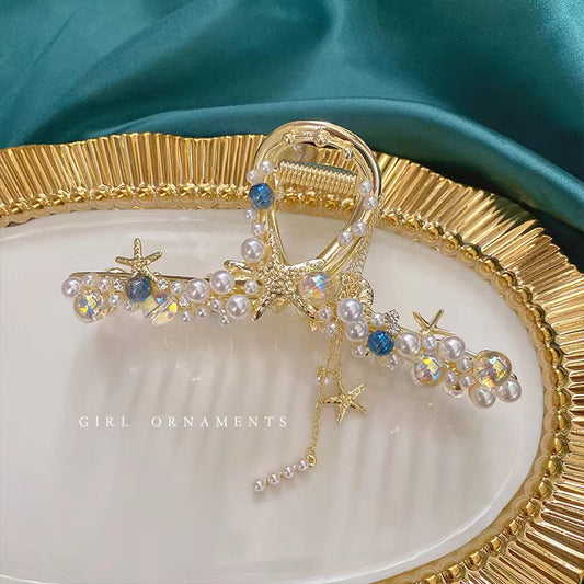Starvis Exquisite Shiny Crystal Pearl Tassel Sea Hair Clip Claw For Women Bun Clip Ponytail Holder Buckle Hairpin Hair Accessories Women Ponytail Tail Hair Bun Holder Claw Bun holder