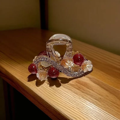 Embellished Pearl and Floral Hair Claw - Red Accents Elegant Pearl and Crystal Hair Claw Glamorous Gold and Pearl Rhinestone Hair Claw