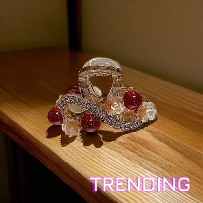 Embellished Pearl and Floral Hair Claw - Red Accents Elegant Pearl and Crystal Hair Claw Glamorous Gold and Pearl Rhinestone Hair Claw