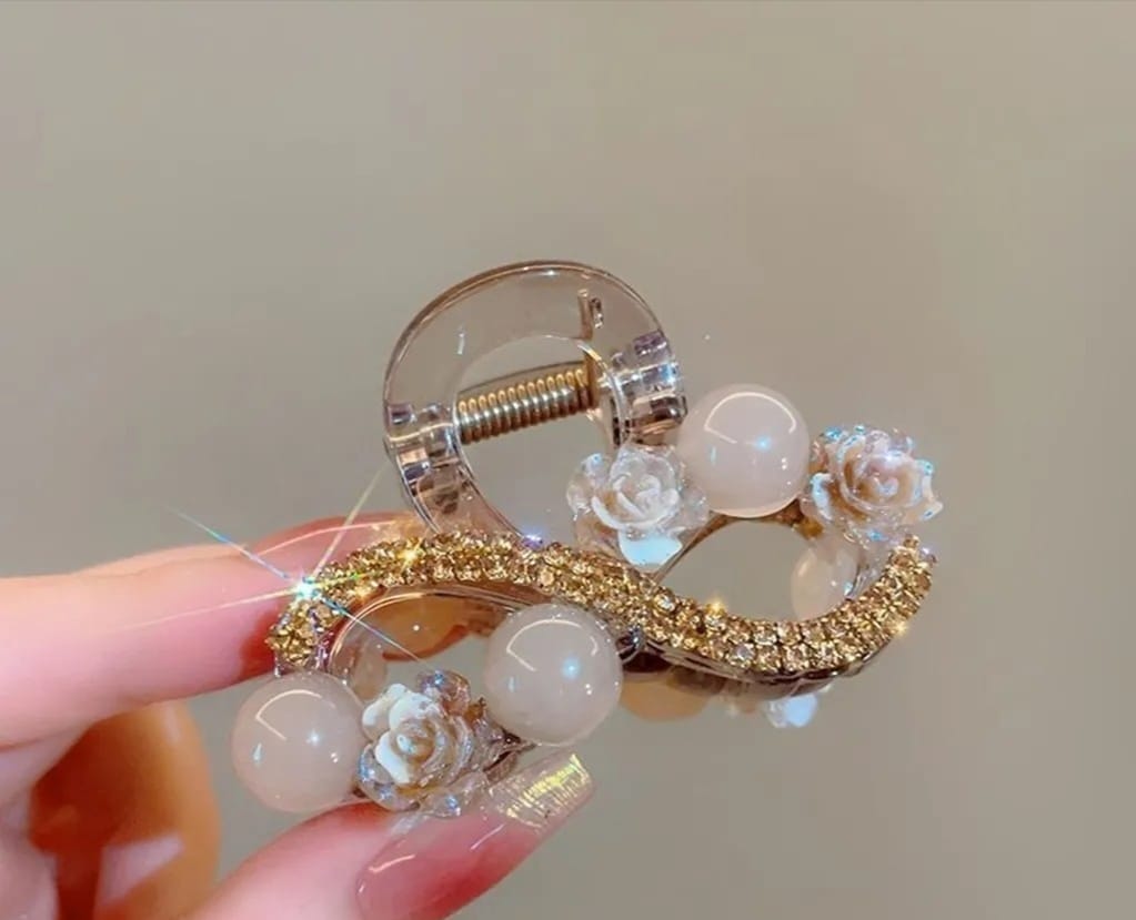 Embellished Pearl and Floral Hair Claw - Red Accents Elegant Pearl and Crystal Hair Claw Glamorous Gold and Pearl Rhinestone Hair Claw