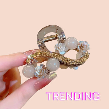 Embellished Pearl and Floral Hair Claw - Red Accents Elegant Pearl and Crystal Hair Claw Glamorous Gold and Pearl Rhinestone Hair Claw