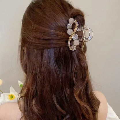 Embellished Pearl and Floral Hair Claw - Red Accents Elegant Pearl and Crystal Hair Claw Glamorous Gold and Pearl Rhinestone Hair Claw