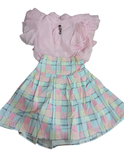 Kids Girls Stylish Frill Top & Check Skirt Set – Party & Casual Wear