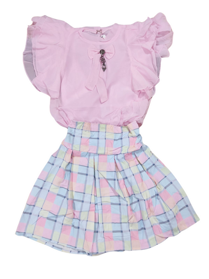 Kids Girls Stylish Frill Top & Check Skirt Set – Party & Casual Wear