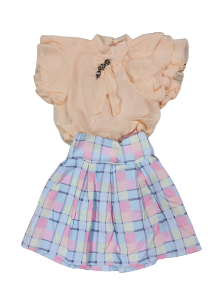 Kids Girls Stylish Frill Top & Check Skirt Set – Party & Casual Wear