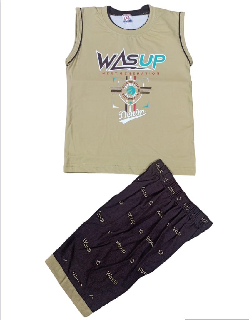 Boys Sleeveless WasUp T-Shirt & Shorts Set – Summer Outfit | Trendy Kidswear Combo