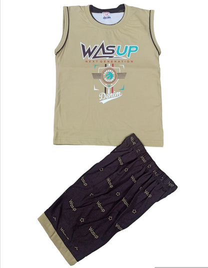 Boys Sleeveless WasUp T-Shirt & Shorts Set – Summer Outfit | Trendy Kidswear Combo