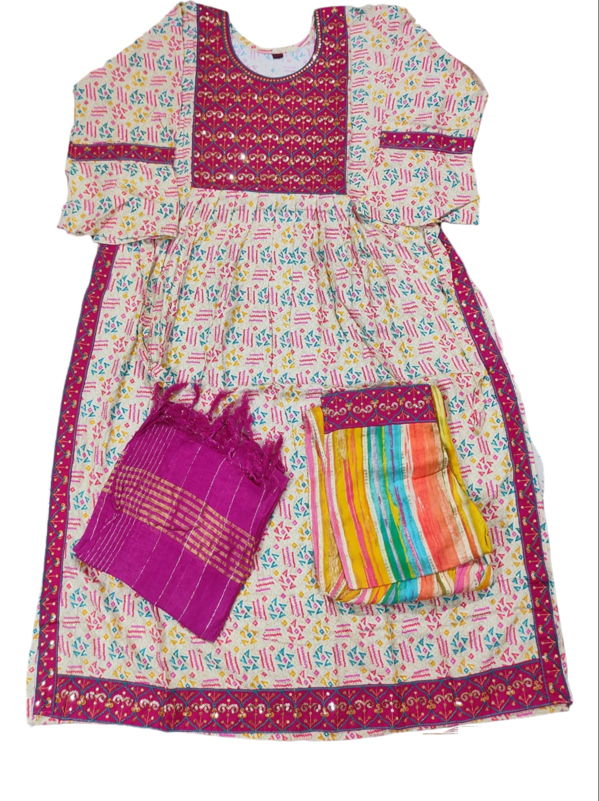 Embroidered Anarkali Dress with Matching Dupatta and Pants