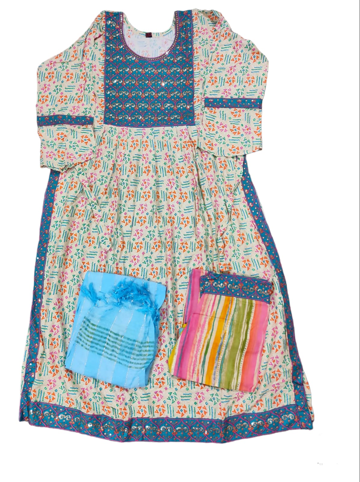 Embroidered Anarkali Dress with Matching Dupatta and Pants