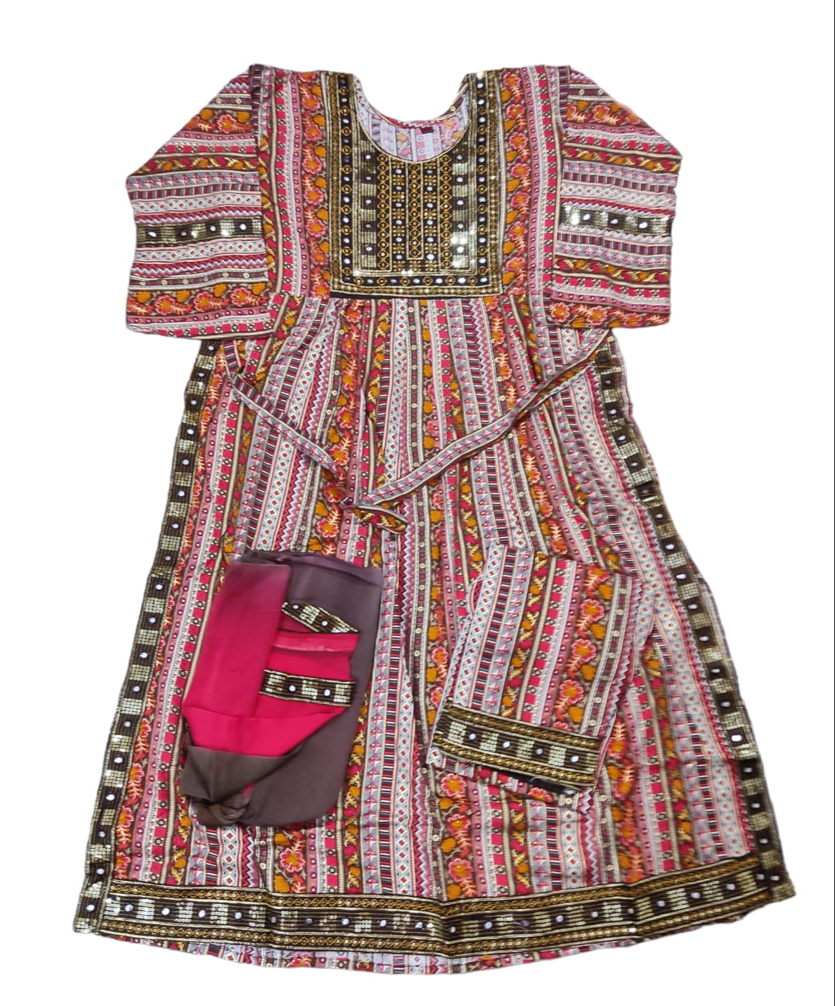 Elegant Multicolor Embroidered Kurti with Matching Pants and Dupatta