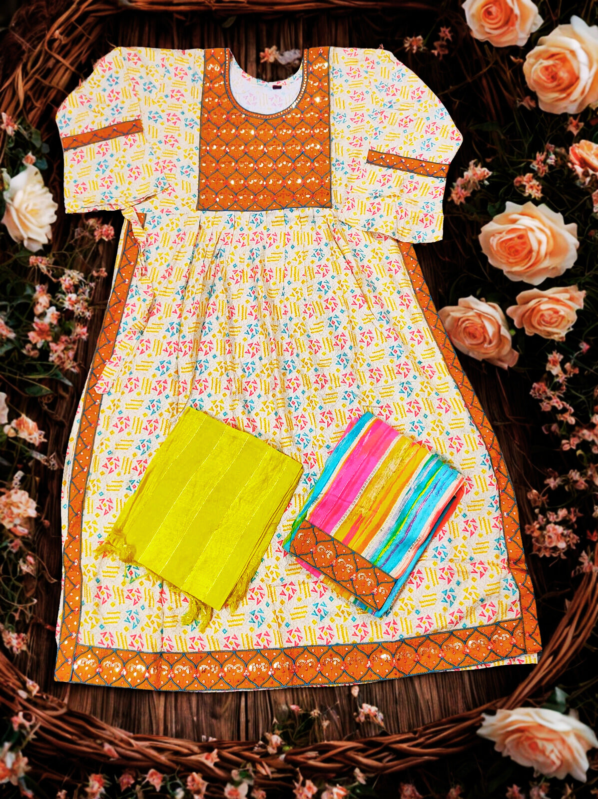 Embroidered Anarkali Dress with Matching Dupatta and Pants